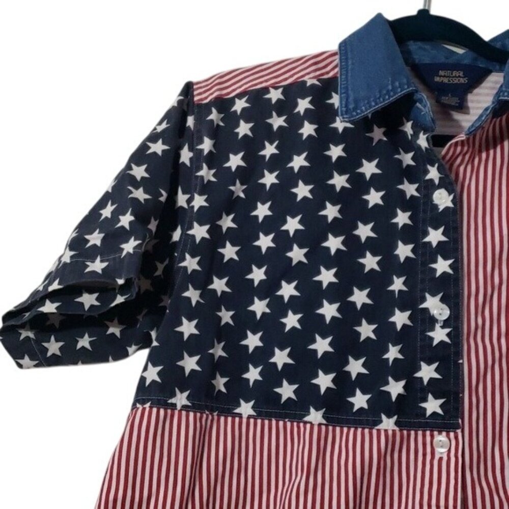 Vintage 90s Red White Blue USA Flag Holiday Button Down Blouse Short Sleeve Top - Picture 4 of 6